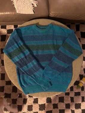Alexander Julian Teal and Blue Striped Crewneck Sweater